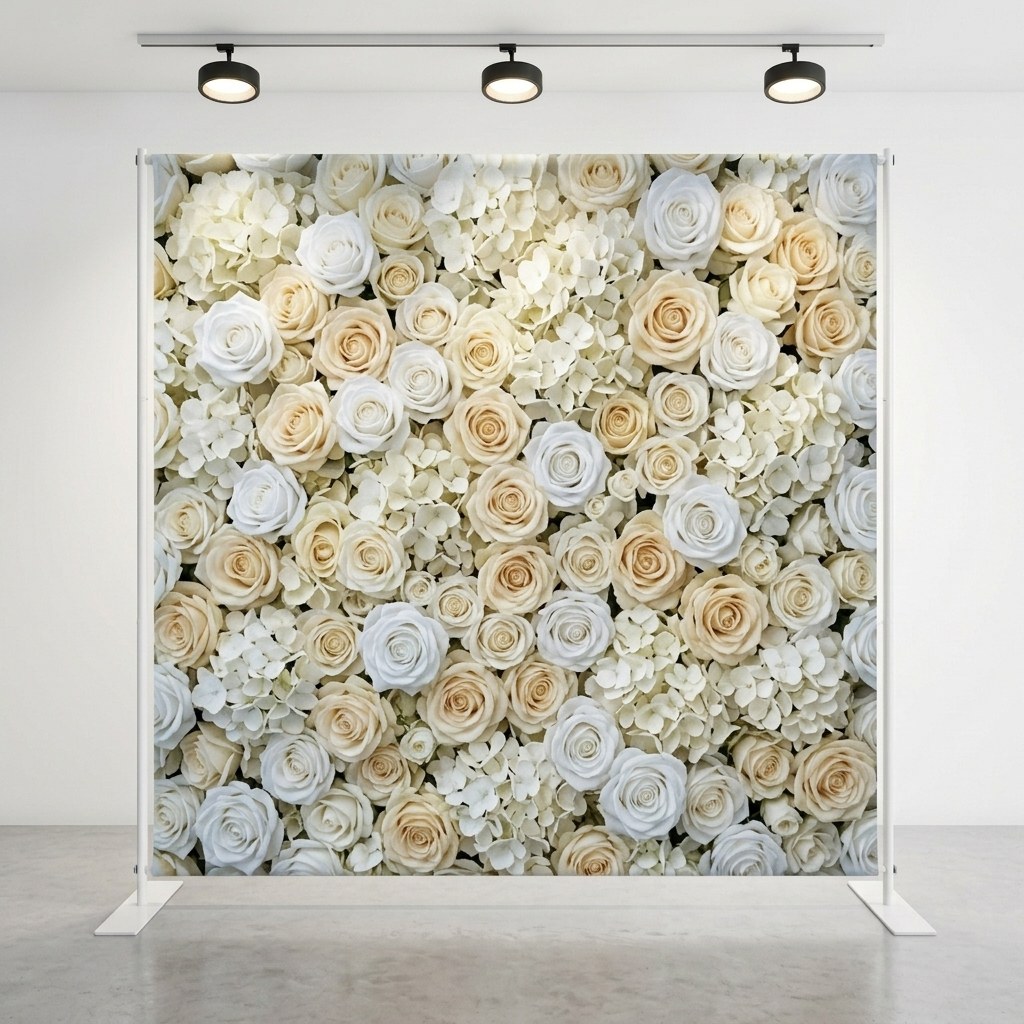 AI-generated style example of a 7.6x7.6ft white floral wall pillowcase backdrop