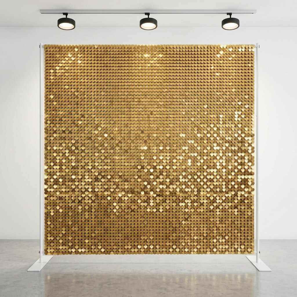 AI-generated style example of a 7.6x7.6ft gold sequin pillowcase backdrop