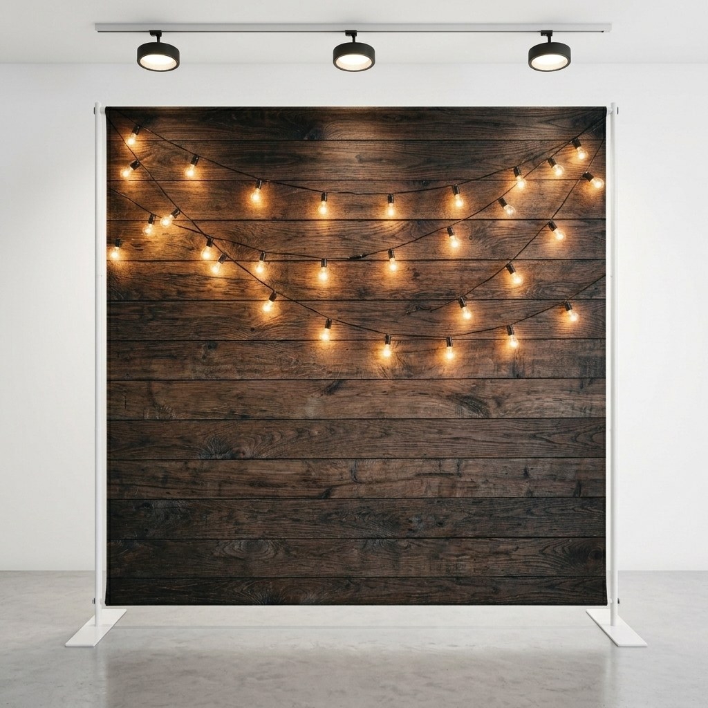 AI-generated style example of a 7.6x7.6ft wood backdrop with warm string lights